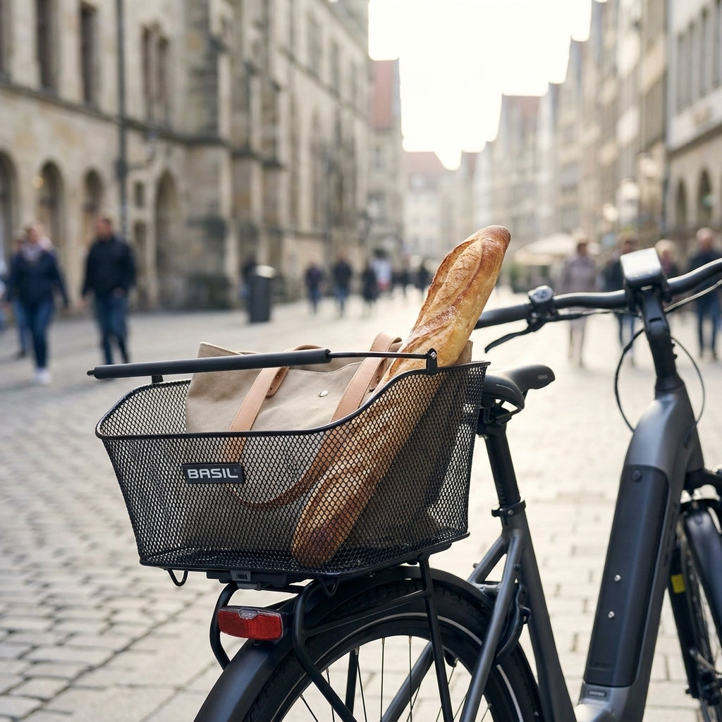 Schwarzer Basil Base M MIK Hinterradkorb aus engmaschigem Stahl auf E-Bike mit Baguette und Tasche in der Stadt.