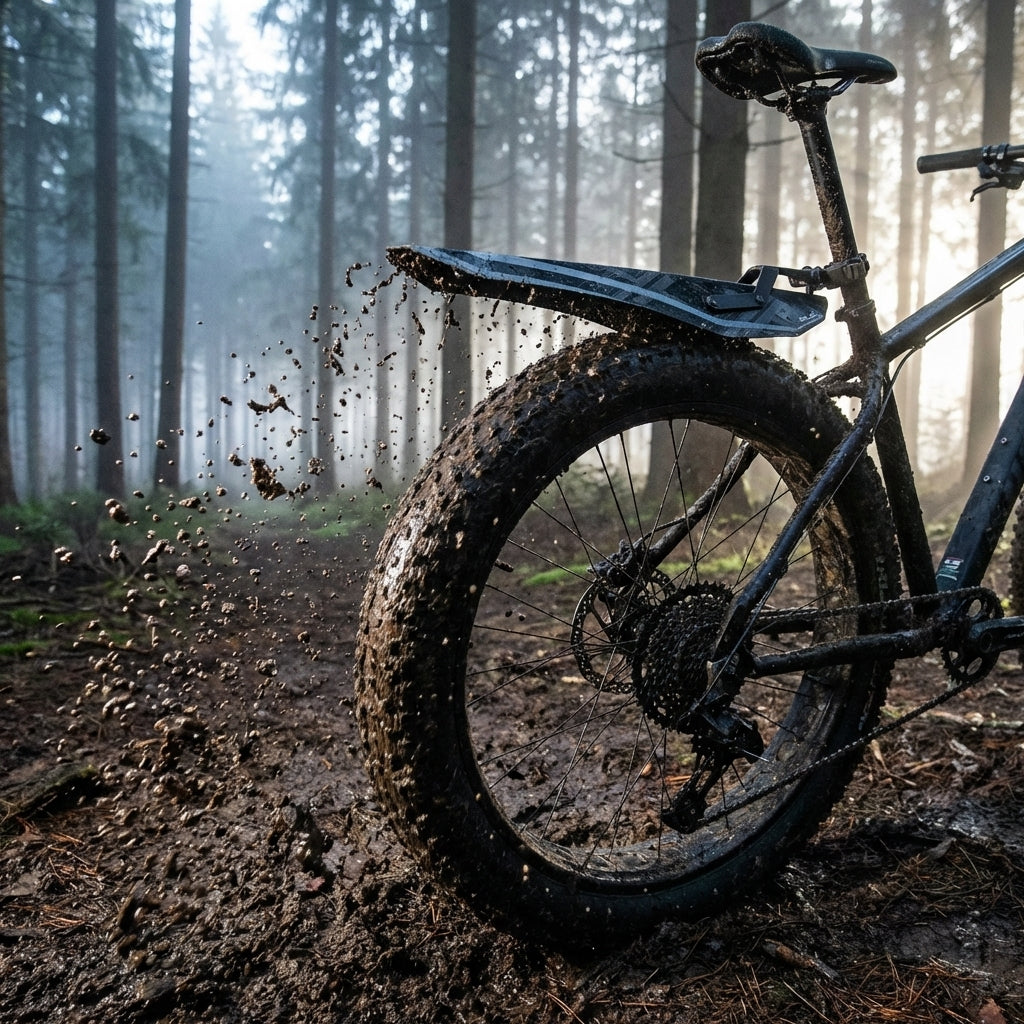 XLC Mudguard HR MG-C06 Fatbike schwarz am Hinterrad, spritzt Schlamm auf nebeligem Waldweg.