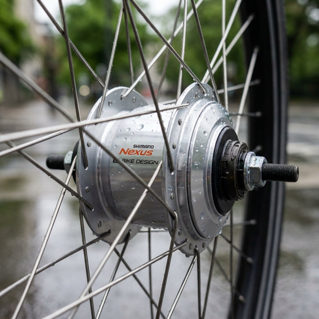 SHIMANO Nexus SG-C7000-5V 36-Loch Getriebenabe in Silber, mit Regentropfen am Fahrrad.