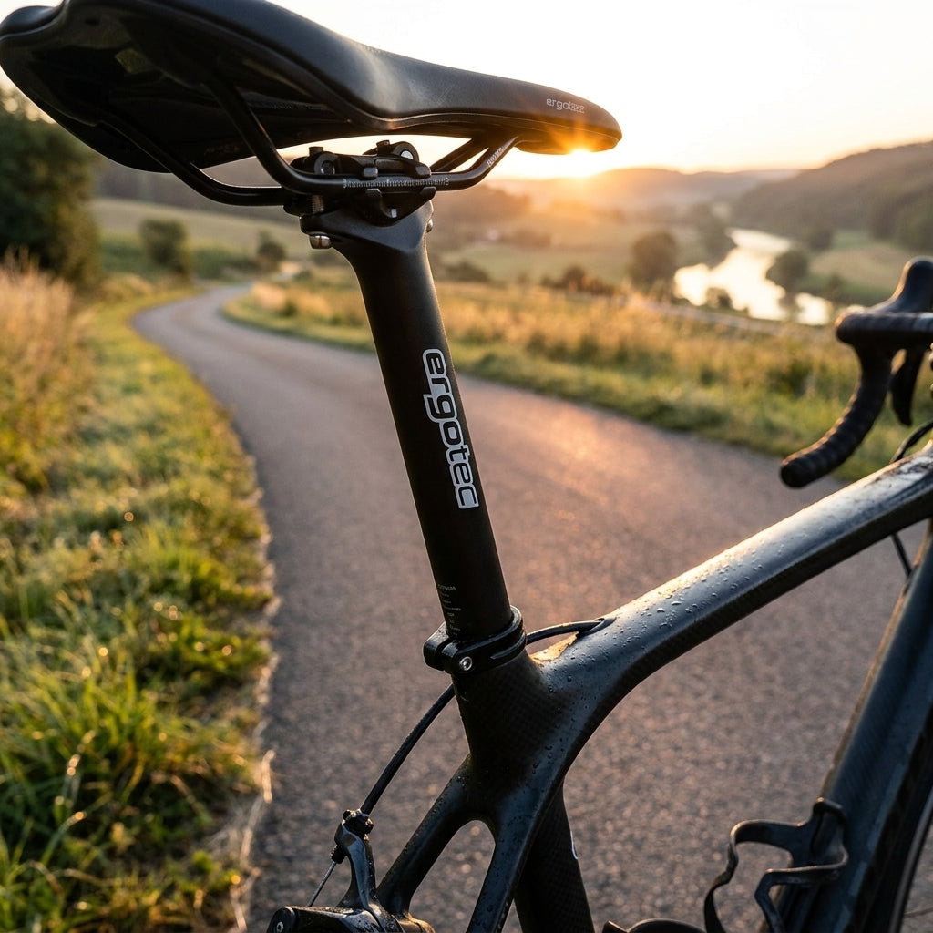 Ergotec Skalar Patentsattelstütze schwarz Alu 27,2mm am Fahrrad auf Landstraße bei Sonnenuntergang.