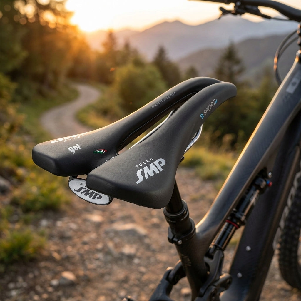 Schwarzer Selle SMP E-Sport Gel Fahrradsattel auf Mountainbike vor Berglandschaft.