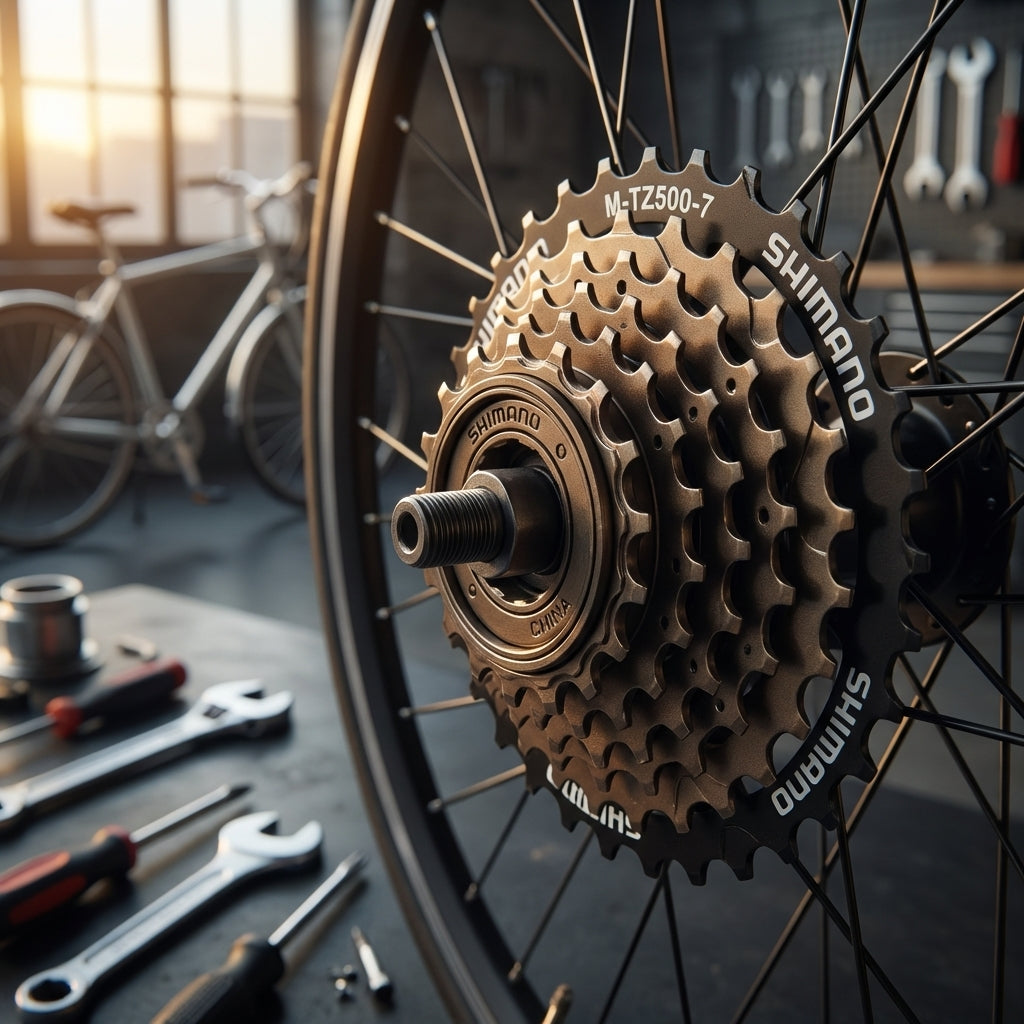 Shimano TZ500 7-fach Schraub-Zahnkranz 14-28 Z braun auf einem Fahrradrad für zuverlässige Schaltperformance.