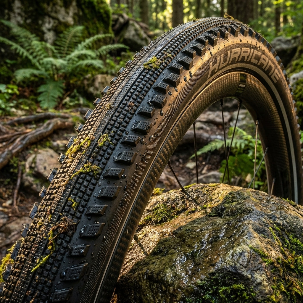 Schwalbe Hurricane 29x2.00 E-50 Drahtreifen schwarz Reflex mit Profil, nass auf moosigem Fels im Wald.