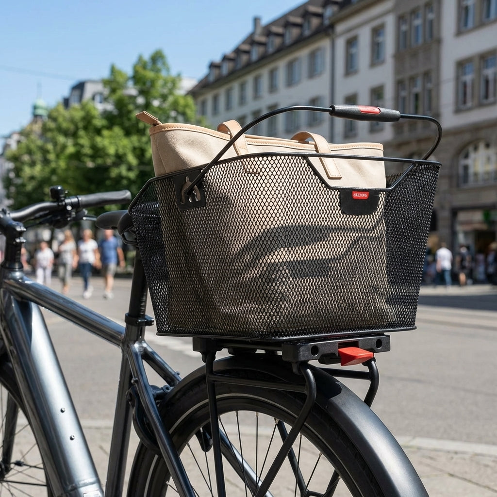 KLICKfix Hinterradkorb City-Max Racktime schwarz am E-Bike mit Tasche in der Stadt.