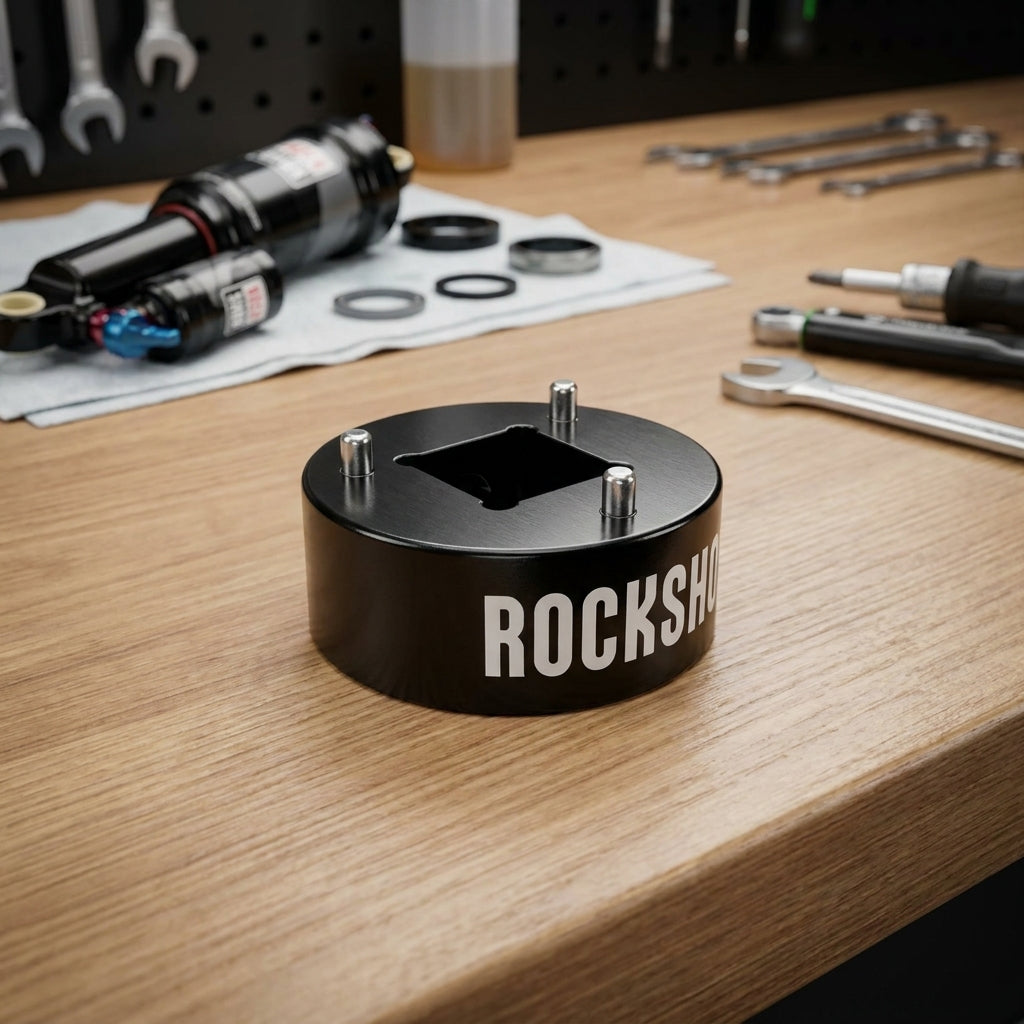 Rockshox Kolbenwerkzeug 00.4318.012.004 für Hinterbaudämpfer auf Werkbank mit Fahrrad-Federungsteilen und Werkzeugen.