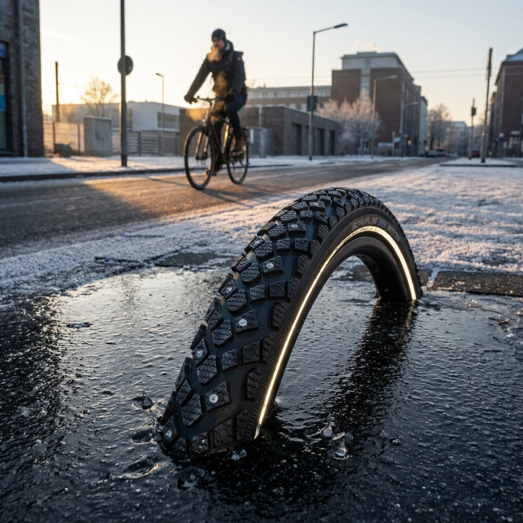 Schwalbe Winter Fahrradreifen HS 396 mit 100 Spikes für sicheren Grip auf Eis und Schnee. Reflexstreifen, K-Guard Pannenschutz.