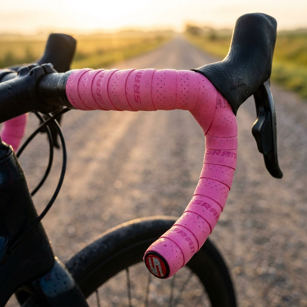 SRAM SuperCork pink Lenkerband am Rennrad-Lenker auf Schotterstraße bei Sonnenuntergang, komfortabel & rutschfest.