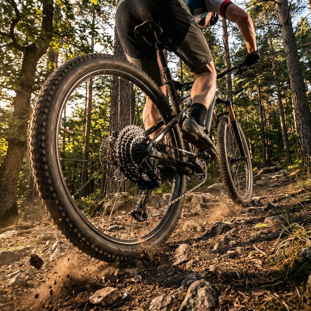 SunRace Kassette CSMX8 EAZ 11-fach Fluid Drive Plus 11-46 Zähne am Mountainbike in Aktion auf felsigem Trail.