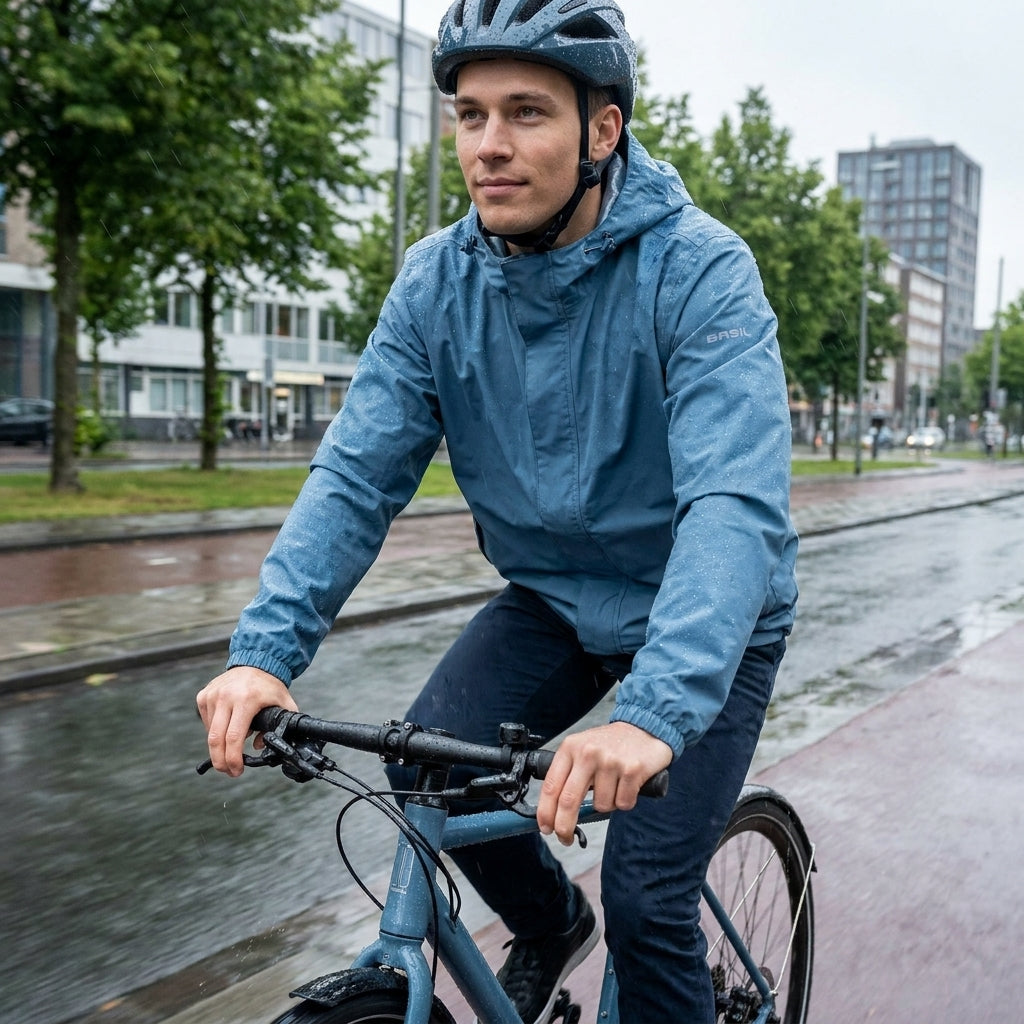 Basil Hoga Unisex Fahrrad Regenjacke horizon blue: Mann fährt Rad im Regen.