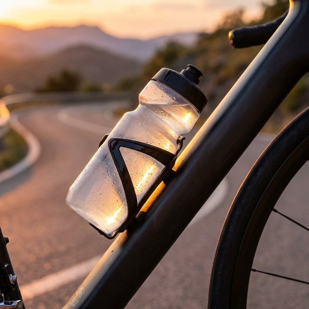 M-Wave Flaschenhalter Schwarz Universal am Fahrrad mit beschlagener Wasserflasche bei Sonnenuntergang auf Bergstraße.