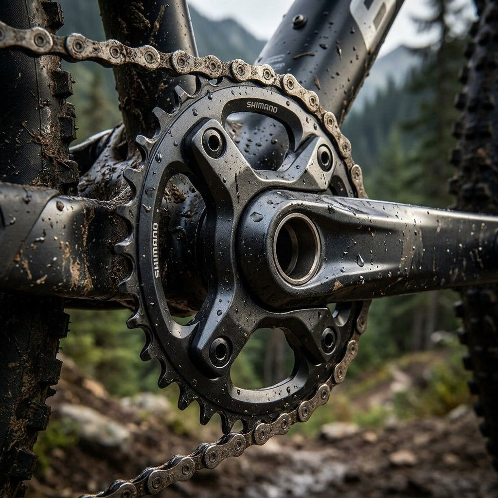 SHIMANO Kettenblatt FC-M3000 22 Zähne am schlammigen MTB, präziser Antrieb für jedes Gelände.