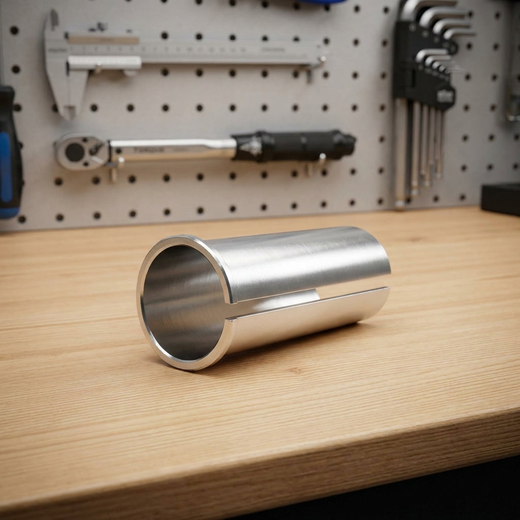 Silberne Ergotec Kalibrierbuchse für Sattelstütze 27,2mm auf 30,6mm, 80mm, auf Holztisch mit Werkzeugen.