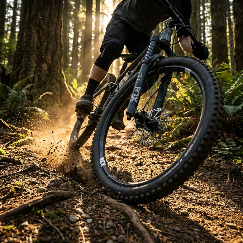 Crankbrothers Synthesis schwarzes 29 Zoll Enduro Laufrad am Mountainbike auf Waldtrail, Staub wirbelt auf.