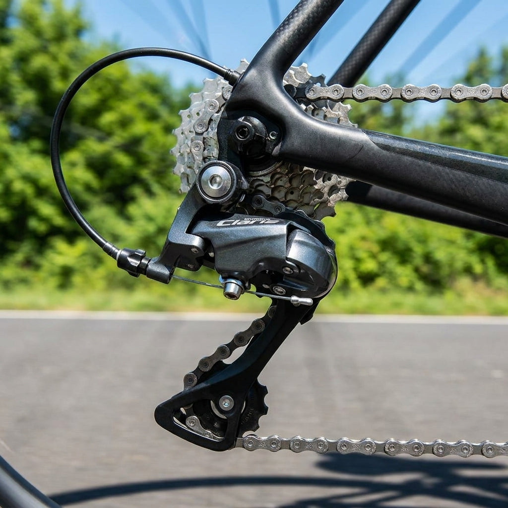 SHIMANO CLARIS RD-R2000 8-fach Schaltwerk am Hinterrad eines Fahrrads mit Kassette und Kette.