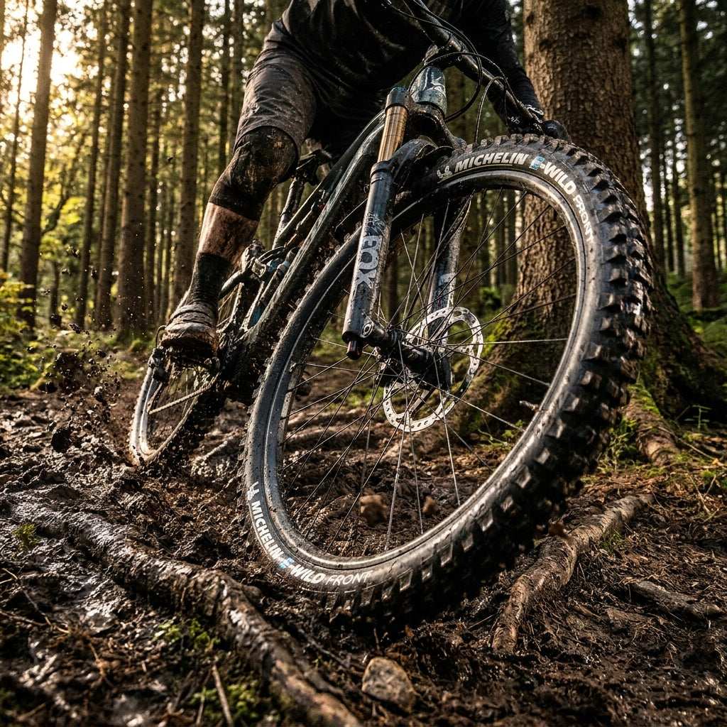 Michelin E-Wild 27.5x2.60 Vorderradreifen am Mountainbike im Schlamm im Wald.