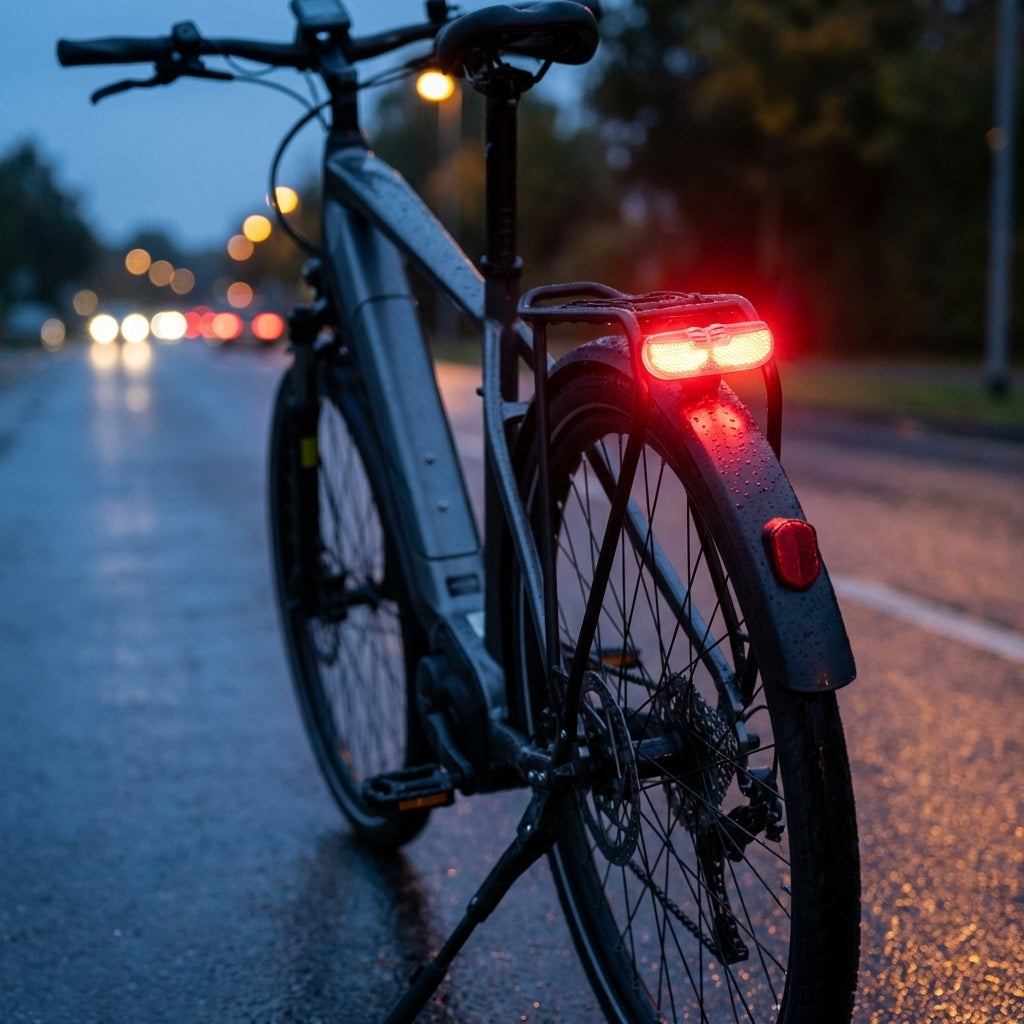 Trelock LED-Dynamo-Rücklicht Duo Flat LS 611Duo Flat 6-12V STVZO am Fahrrad auf nasser Straße in der Dämmerung.