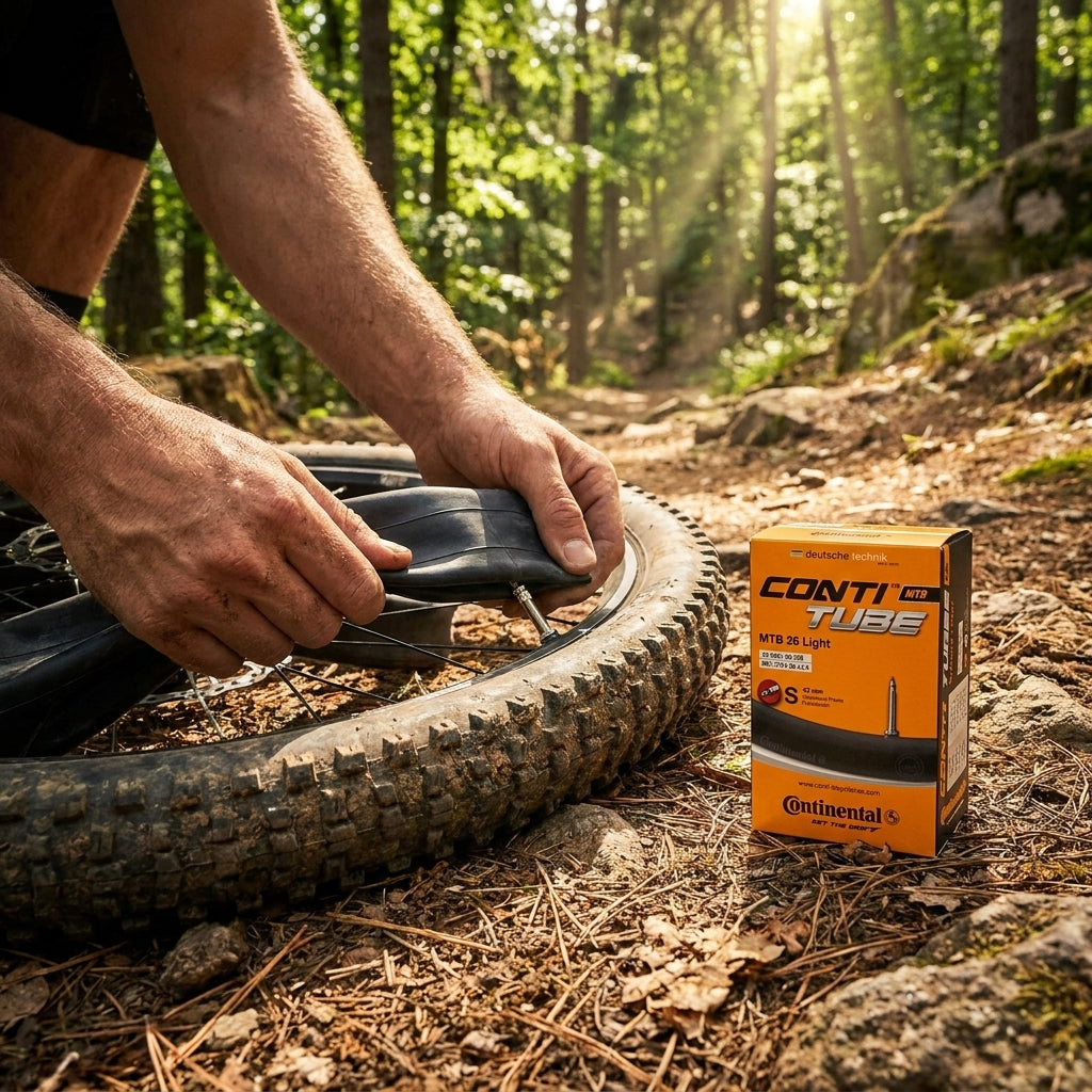 Hände montieren Continental Conti MTB 26 Light Fahrradschlauch in Reifen auf Waldweg.