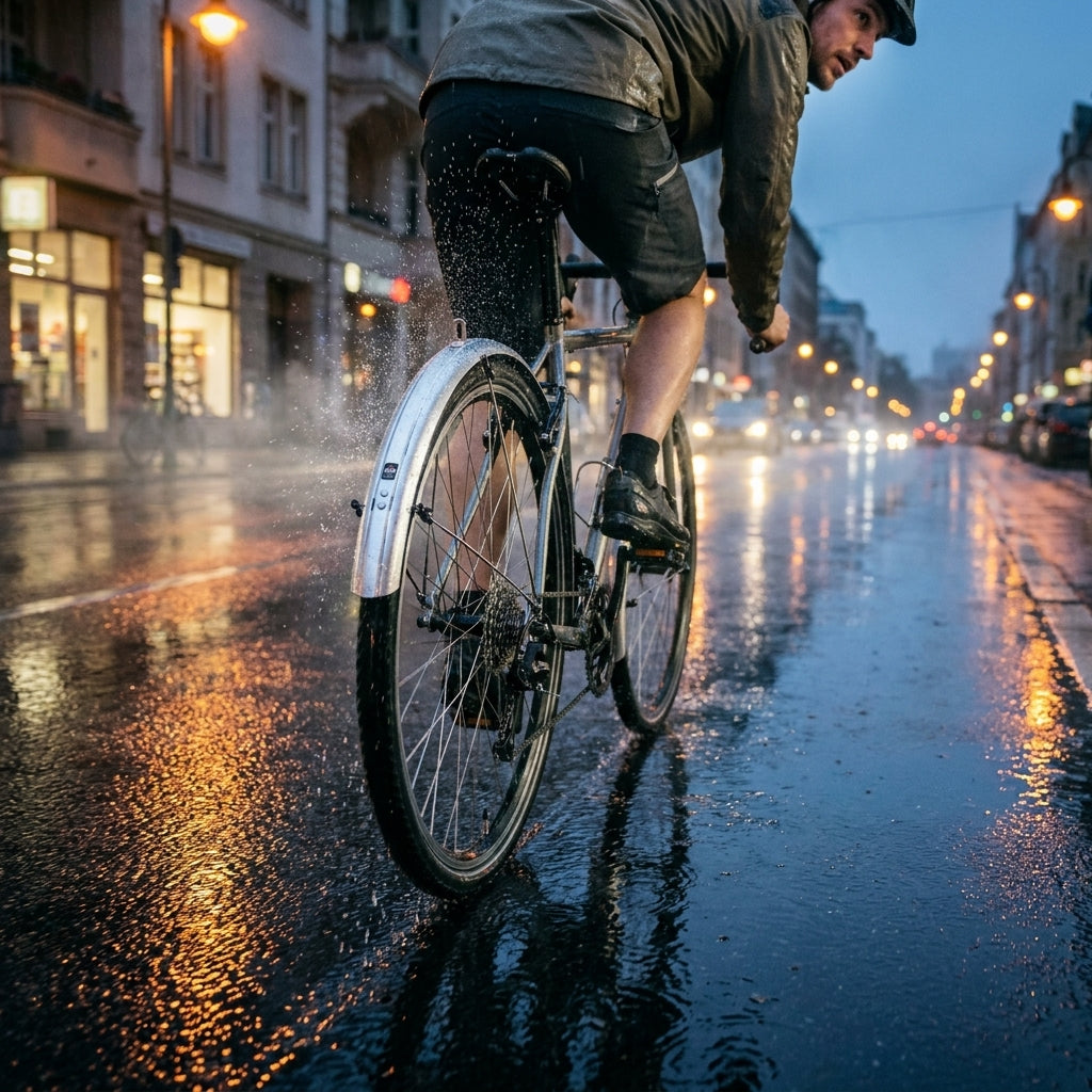 Silbernes SKS Bluemels Basic 28 Schutzblechset am Hinterrad schützt Radfahrer vor Spritzwasser im Regen.