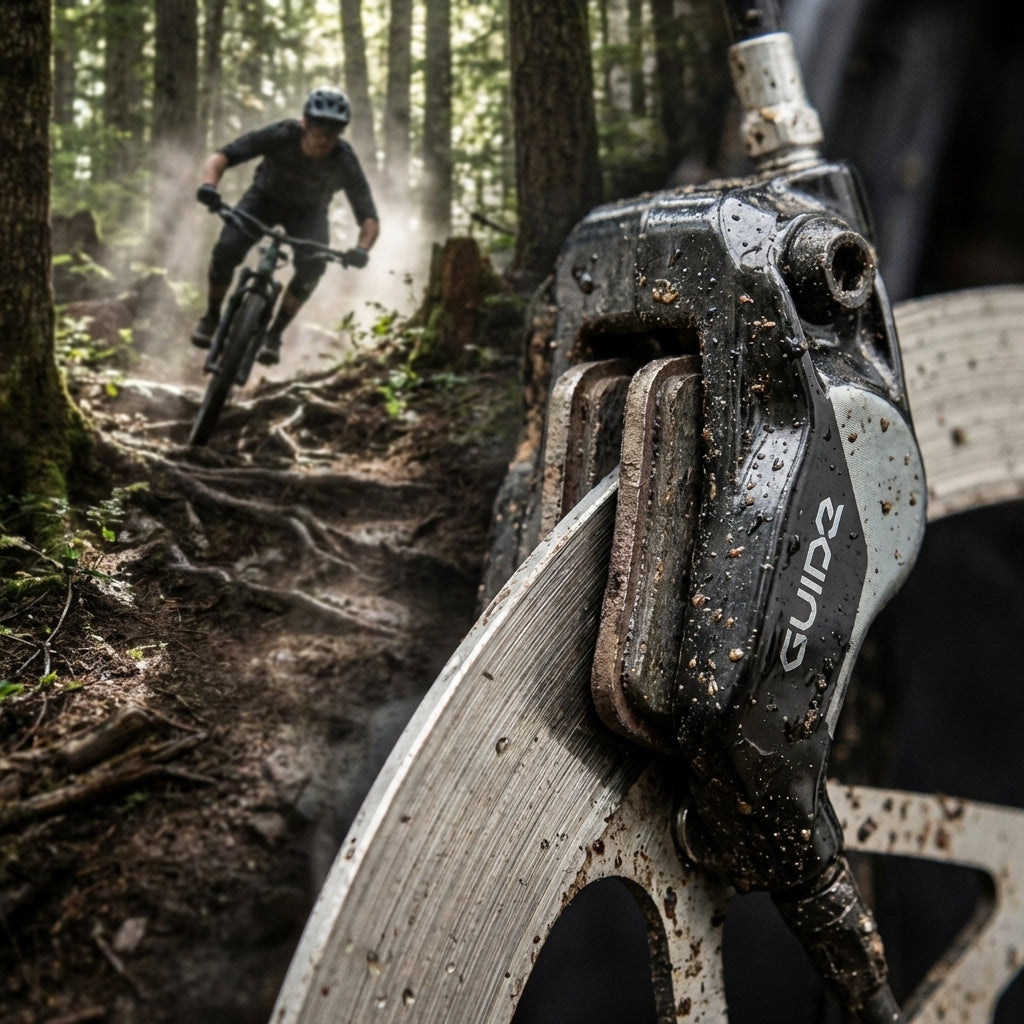Nahaufnahme SRAM Guide Scheibenbremsbeläge an Mountainbike-Bremse auf schmutzigem Trail mit Fahrer im Hintergrund.