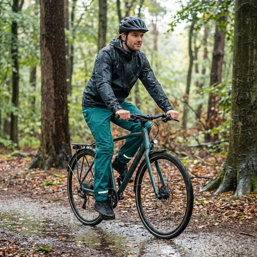 Basil Skane Herren Fahrrad Regenhose teal green, Gr. XXL, an Mann beim Radfahren im Wald bei Regen.