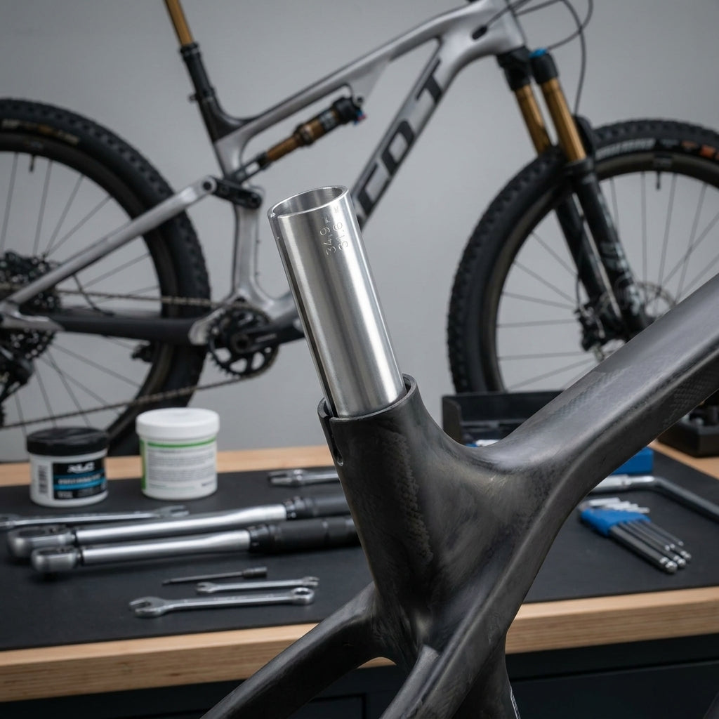 XLC Kalibrierbuchse SP-X20 Ø31,6mm - Ø34,9mm 120mm in Carbon-Fahrradrahmen eingesetzt, Fahrrad im Hintergrund.