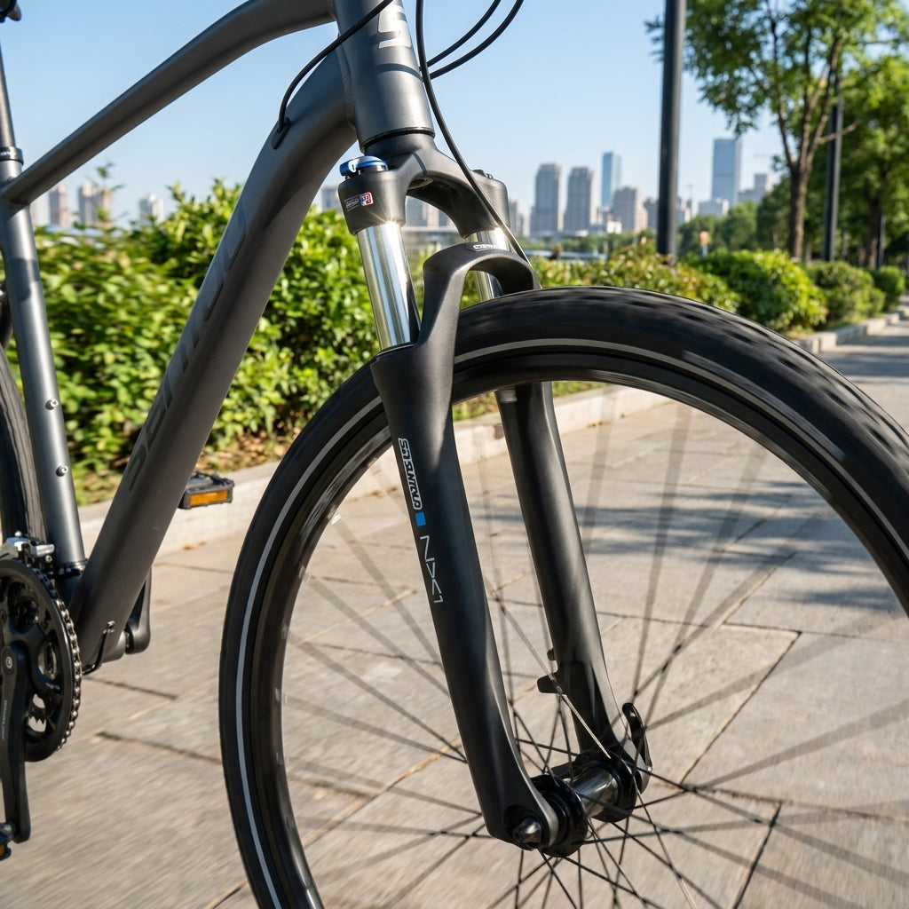 SR Suntour NX1-Coil Federgabel 28 Zoll, schwarz matt. Robuste Fahrradgabel mit 63mm Federweg, Lockout und Scheibenbremsaufnahme.