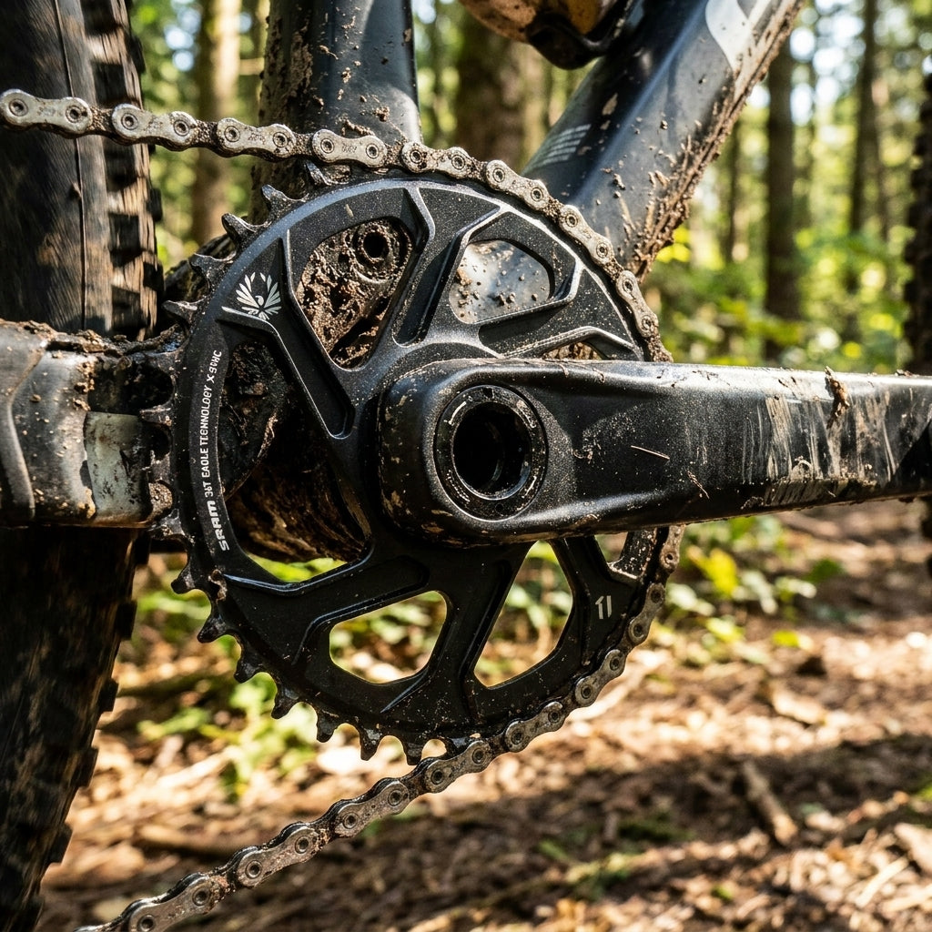 Schlammiges SRAM X-Sync 2 SL Eagle 36T 12-fach Kettenblatt am MTB mit Kette und Kurbel im Wald.