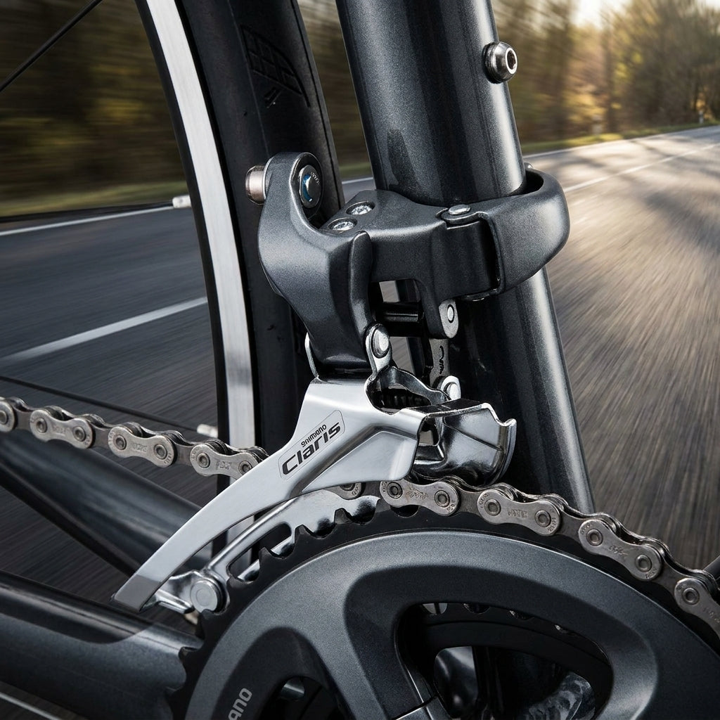 SHIMANO Claris FD-R2000 8-fach Umwerfer am Rennrad, Nahaufnahme von Kette und Kurbel, präzise Schaltperformance.