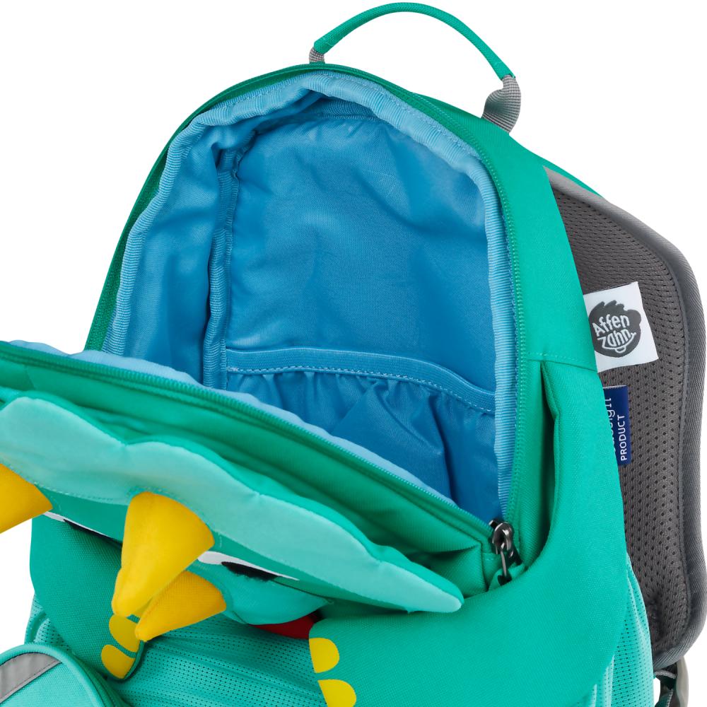 Affenzahn Kindergartenrucksack "Großer Freund" Dinosaurier türkis, 8L, für Kinder 3-5 Jahre, nachhaltig aus recycelten PET-Flaschen, Reflektoren für Sicherheit