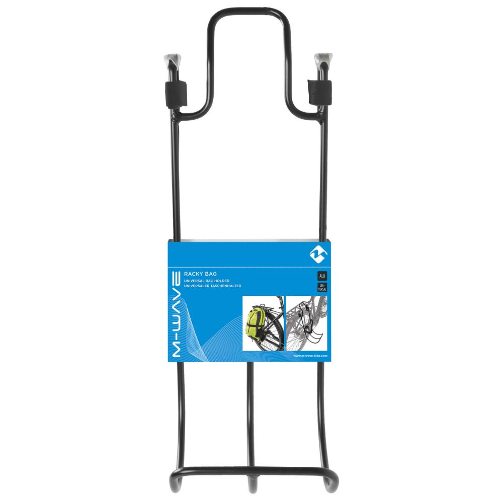 Schwarzer Messingschlager Racky Bag Taschenhalter aus Aluminium für Fahrrad-Gepäckträger zur seitlichen Montage.
