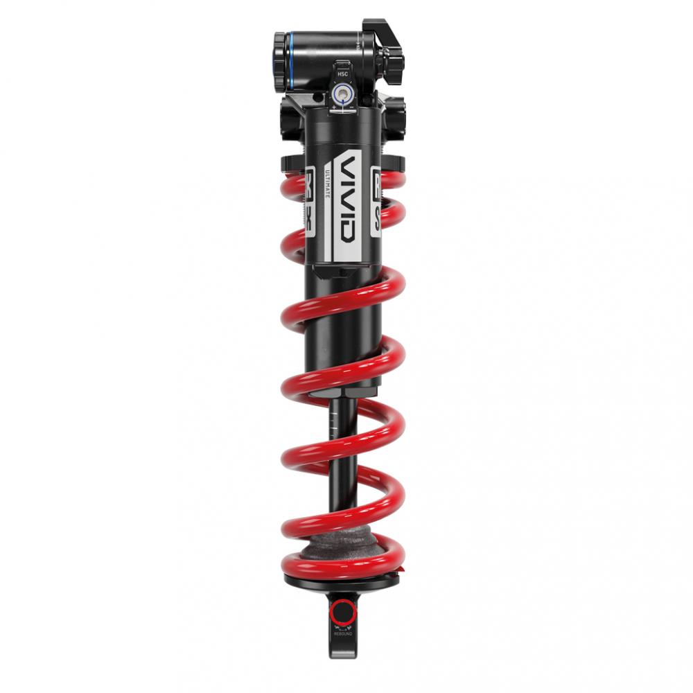 Schwarzer RockShox Vivid Coil Ultimate Fahrrad-Dämpfer mit roter Feder und Einstellknöpfen.