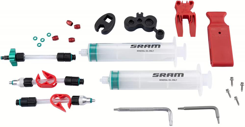 SRAM Entlüftungskit Standard für Mineralölbremsen (DB8/Maven): Spritzen, Schläuche, Adapter, Werkzeuge und Kleinteile.
