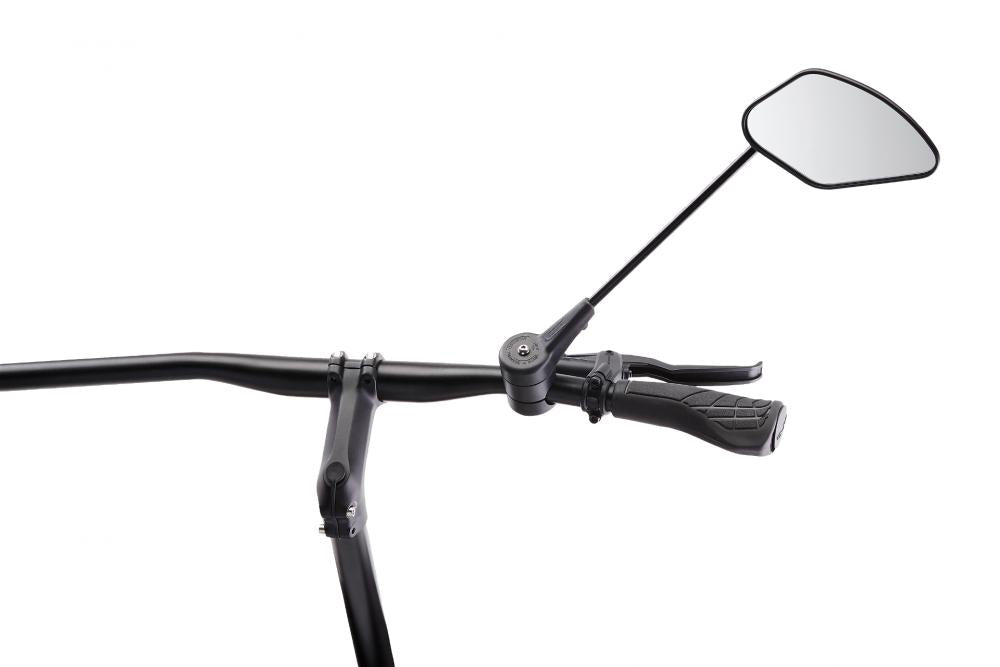 Krampe Fahrradspiegel KF Sport D 35° rechts schwarz mit großer Außenklemmung am Lenker montiert.