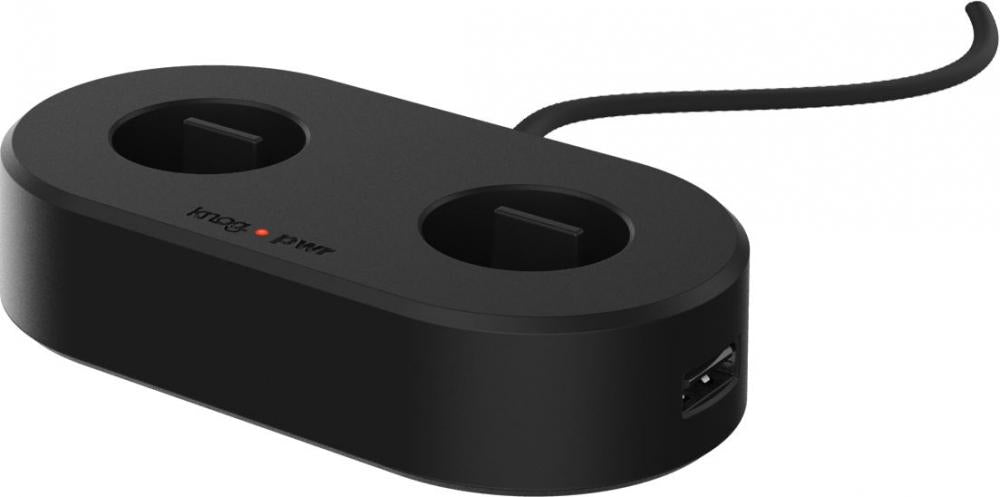 Knog PWR Dock Aufladestation schwarz mit zwei Ladeschächten und USB-Anschluss für Fahrradbeleuchtung.