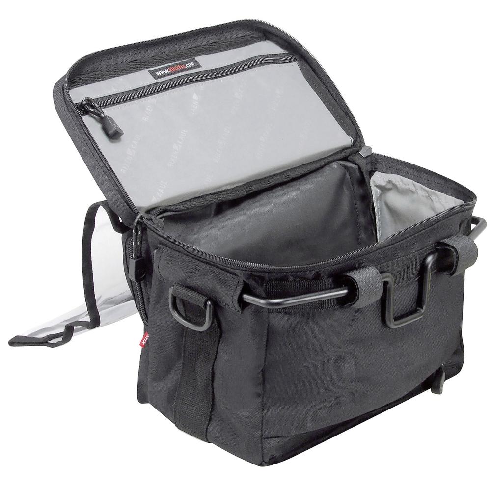 Schwarze KLICKfix Daypack Lenkertasche offen, mit Reißverschluss, Innentasche und KLICKfix Befestigungssystem.