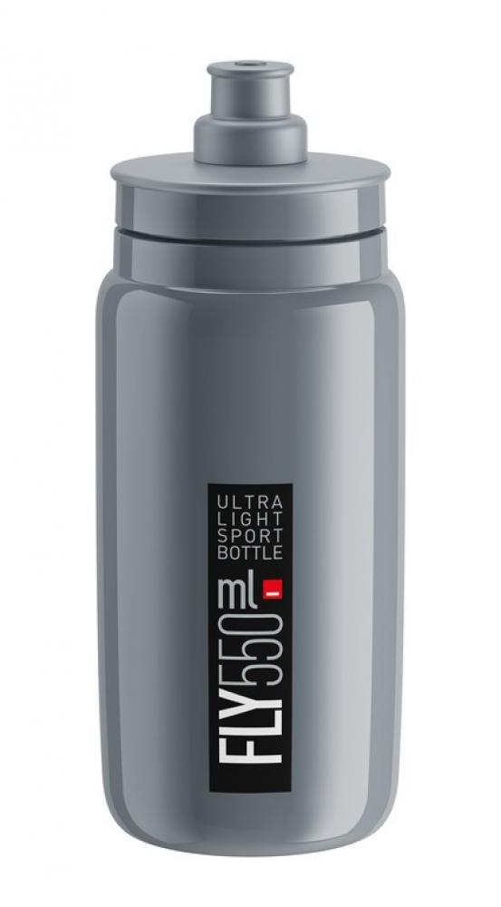Elite Fly 550ml ultraleichte Sport-Trinkflasche in Grau mit schwarzem Etikett und rotem Detail.
