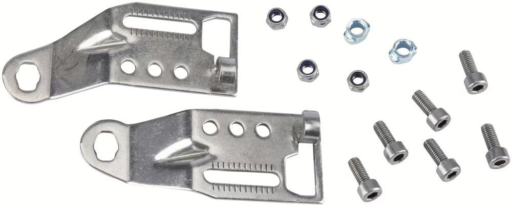 Pletscher Strebenendplatte für Quick-Rack Komfort - gekröpfte Edelstahl-Endplatten für Scheibenbremsaufnahme, verstellbar, Paar, poliert, passend für Pletscher-System, silber