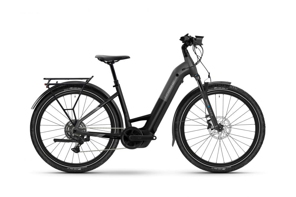 Haibike TREKKING 6.5 LOW E-Bike in Stardust Titan mit tiefem Einstieg, 26 Zoll Reifen und Gepäckträger.