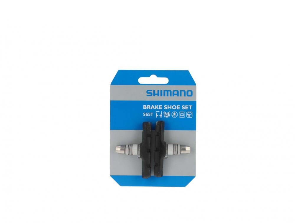 Shimano V-Brake-Bremsschuhe S65T Set in Originalverpackung für zuverlässige Bremsleistung am Fahrrad.
