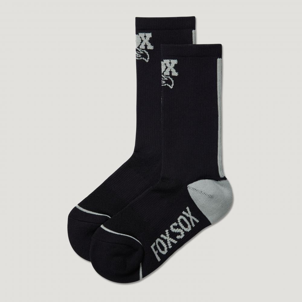 Schwarze FOX Foxsox Transfer Coolmax Fahrradsocken mit grauem Fuchskopf-Logo und FOXSOX Schriftzug.