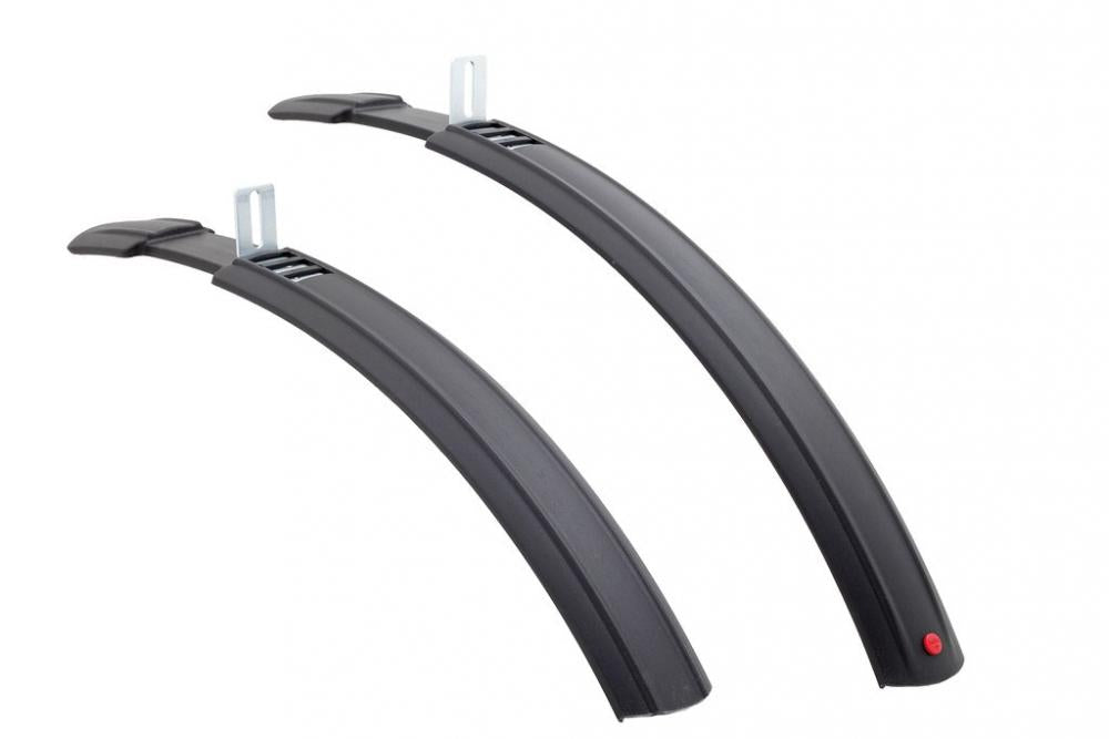 Hebie Schutzblech-Set Natter 24 Zoll, schwarze Fahrrad-Schutzbleche mit Halterungen und rotem Reflektor.