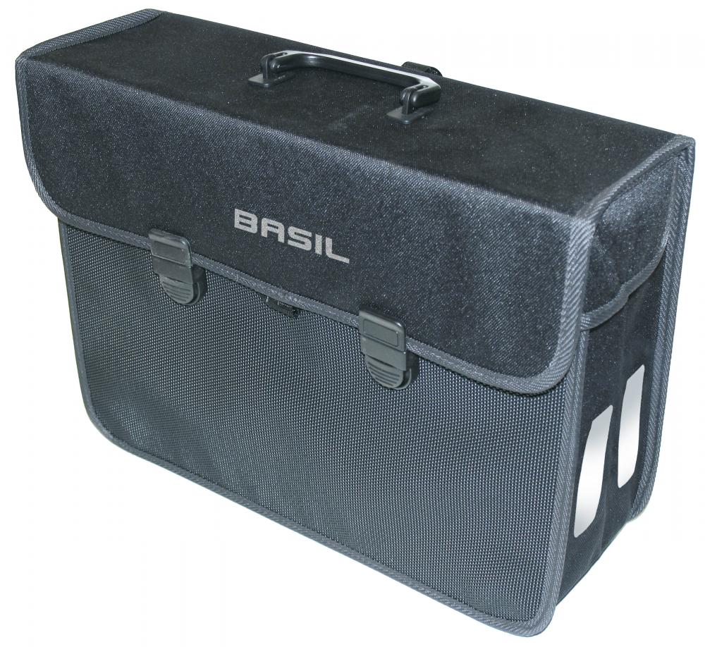 Schwarze Basil Malaga XL Fahrrad-Einzelpacktasche mit Tragegriff, Schnallen und Reflektoren.