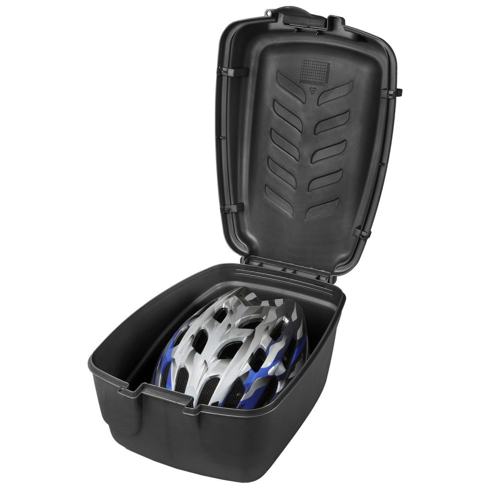 M-WAVE Amsterdam Easy Box S-M Fahrradkoffer offen mit Helm, wasserdicht, abschließbar für Gepäckträger.