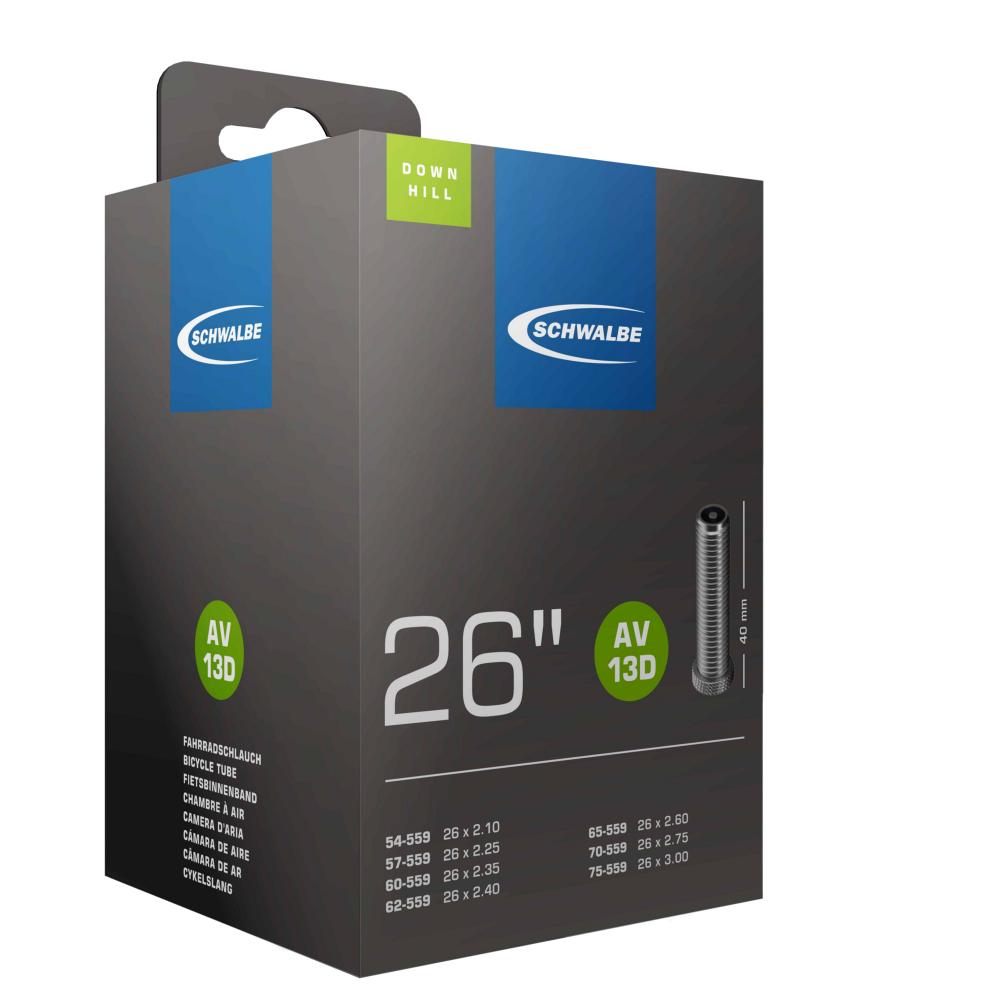 Schwalbe Schlauch AV13D Downhill 26 Zoll 54/75-559 mit 40mm Autoventil in der Produktverpackung