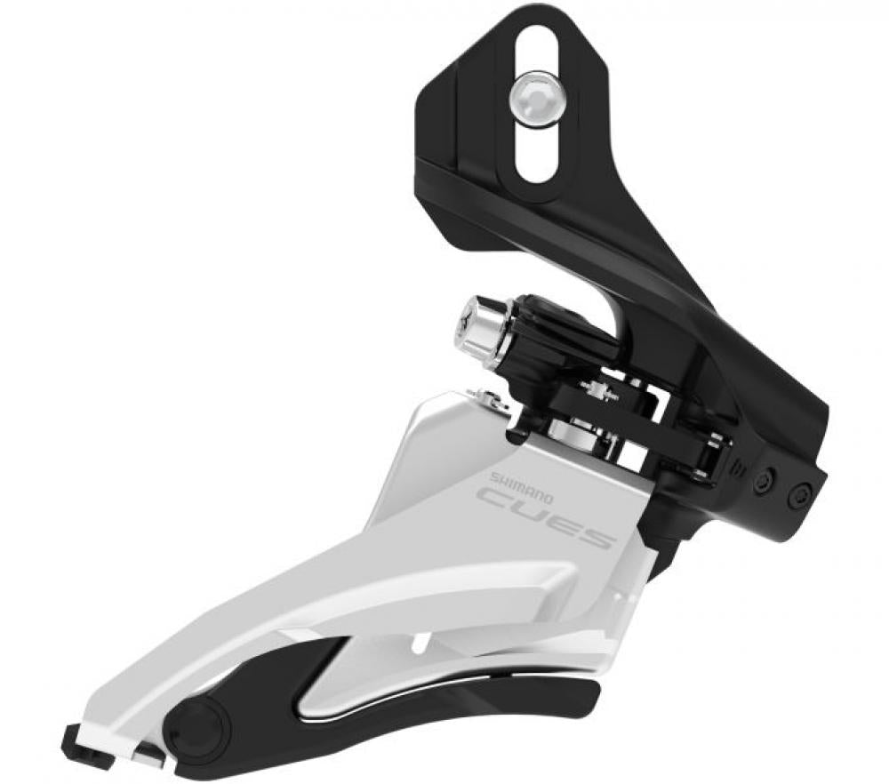 Silber-schwarzer SHIMANO CUES Umwerfer 9/10-fach Direktmontage hoch Front-Pull 40Z für präzises Schalten.