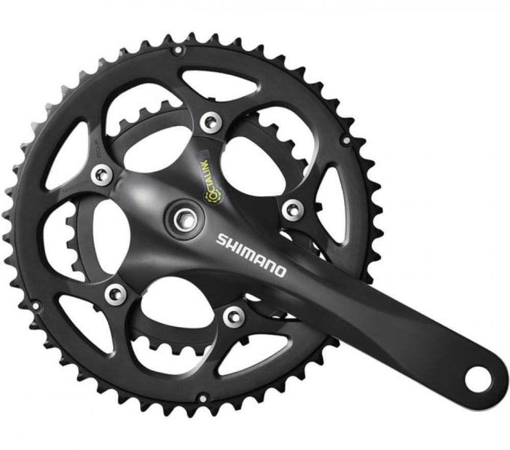 Schwarze SHIMANO FC-R345 Rennrad-Kurbelgarnitur 9-fach 50-34 Zähne mit 175mm Kurbelarm für effiziente Schaltperformance.