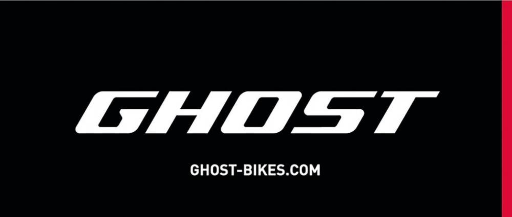 Spannband Ghost schwarz 80x200cm mit weißem Logo GHOST und URL ghost-bikes.com auf schwarzem Grund, roter Rand.