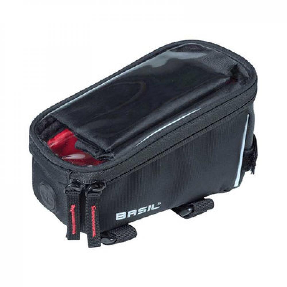 Schwarze Basil Sport Design Fahrrad-Rahmentasche wasserabweisend mit transparentem Smartphonefach.