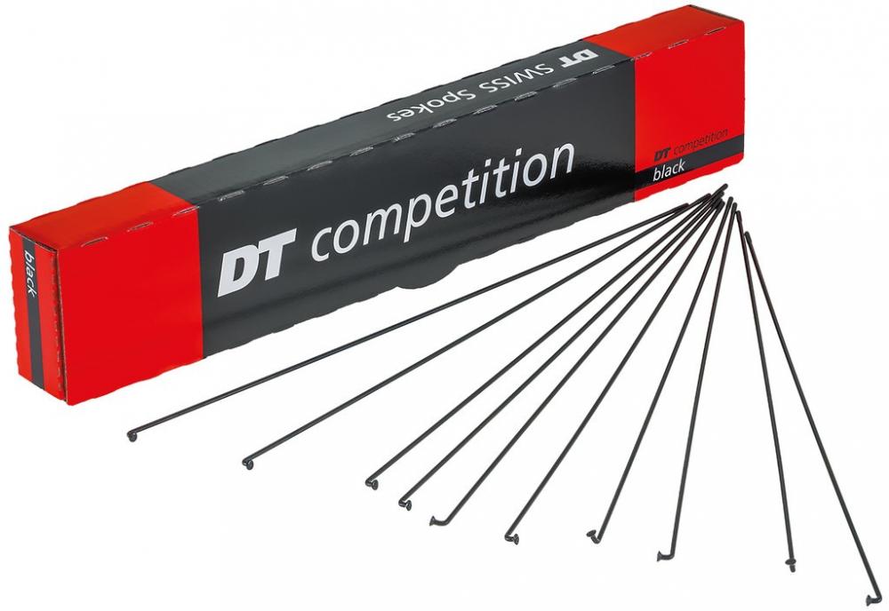100 schwarze DT SWISS Competition J-Bend Niro Speichen und Karton ohne Nippel.