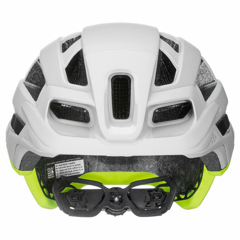 uvex finale 2.0 MTB-Helm, Rückansicht, weiß-neon gelb matt, 56-61 cm, mit Belüftung und Verstellsystem.